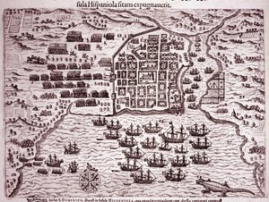 Francis Drake filosu Santo Domingo adasını işgal ediyor (Gravür by Theodore de Bry