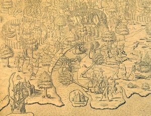 Portekizliler içeriye doğru ilerliyor ve yerel bir kabile tarafından saldırıya uğruyor. by Theodore de Bry