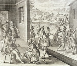 Johann Ludwig Gottfried tarafından yazılan 'Newe Welt und Americanische Historien'den İspanyol Yakalama Fort Caroline, 1565, Mattaeus Merian tarafından yayınlanmıştır, Frankfurt, 1631 by Theodore de Bry
