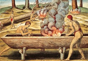 Virginia yerlileri bir piroga inşa ediyor by Theodore de Bry