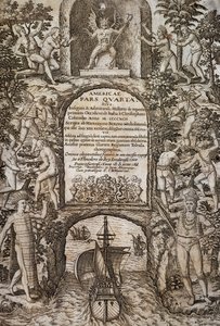 Batı Hint Adaları veya Amerika, Theodor de Bry (1528-1598), ön yüz, gravür by Theodore de Bry