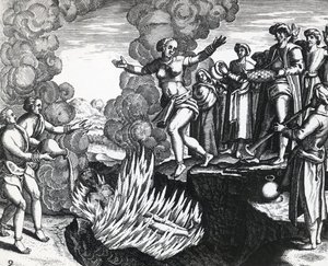 Kendini kocasının ateşinin üzerine atan kadın, Theodor de Bry (1528-1598), gravür by Theodore de Bry