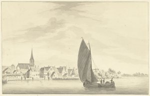 Ön planda bir yelkenli gemi ile Gouderak köyü by Theodorus Cornelis Schutter