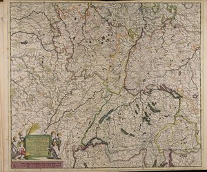 Accuratissima Rheni superioris Mosae et Mosellae tabula ac minores in eosdem in fluentes fluvii cum omnibus adherentibus regionibus sicut archiepiscopatus et electoratus Moguntini et Palatinatus Rheni Lotaringiae Helvetiae Alsatiae Sueviae et comitatus Bur by Theodorus Danckerts
