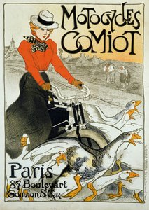 Comiot motosikletleri için reklam afişi. Mopedli genç bir kadın bir grup kaz arasında yuvarlanıyor. Theophile Alexandre Steinlen