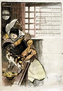 Bir kediyle oynayan bir kadının kollarındaki çocuk, hasta. Notalar için Steinlen, s.d. 19e s. by Théophile Alexandre Steinlen