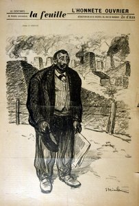 Fakir bir fabrika işçisinin endüstriyel bir manzaraya karşı çizimi, İsviçre doğumlu Fransız Art Nouveau ressamı ve matbaacısı Alexandre Steinlen (1859-1923) tarafından by Théophile Alexandre Steinlen