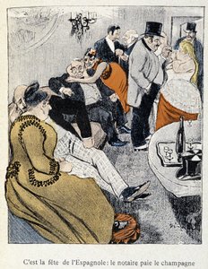Filles et Marlous: İspanyolların bayramıdır: noter şampanyayı öder - “Dans la vie”de, Steinlen 1901 (no. 27695 ile aynı çizim) by Théophile Alexandre Steinlen