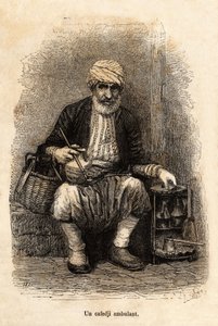 Trabzon çarşısında (bugünkü Trabzon, Karadeniz kıyısında) seyahat eden bir kafe satıcısı (cafedji), anlatıcının bir çiziminden sonra gravür, 1869