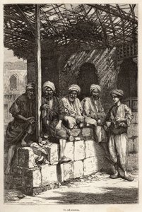 Bir Ermeni kafesi, erkeksi bir şenlik yeri, kahve içmek ve pipo içmek için, yazarın bir çiziminden sonra gravür, Lazistan ve Ermenistan