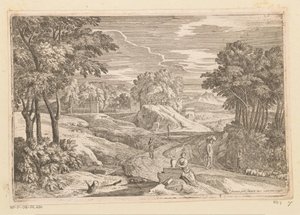 Vazo ve diğer figürlerin yanında oturan bir kadınla Arcadian manzarası Suite de Paysages (dizi başlığı)