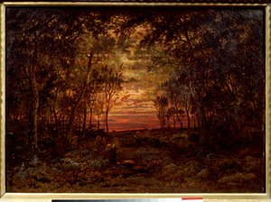Ormanda Gün Batımı Theodore Rousseau (1812-1867) tarafından yapılan resim 19. yüzyıl Barbizon Okulu. karartmak 0,46x0,62m. Tuval üzerine yağlıboya. .