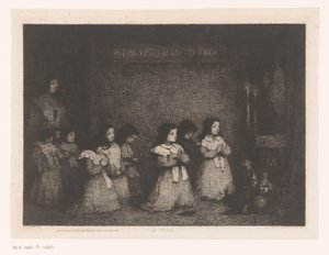 Bir grup kız Meryem heykelinin önünde dua ediyor La Priere (nesne üzerindeki başlık) Eaux-Fortes Modernes: Originales et Inédites (dizi adı)