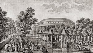 Ranelagh Bahçeleri, Chelsea, Londra, İngiltere. Ranelagh Bahçeleri'ndeki Rotunda'nın dışı, "Çin Evi" ve arazinin bir kısmı, Thomas Bowles'ın gravüründen sonra by Thomas (after) Bowles