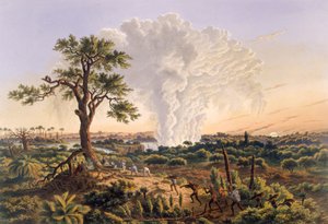1,200 fit yükselen sprey bulutu ile Sunrise by Falls, 1865 (renkli baskı)