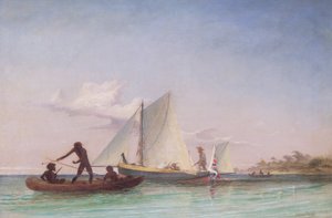 Elçinin Uzun Teknesi Yerliler tarafından saldırıya uğradı by Thomas Baines