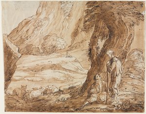 Koyunlu ve İki Çobanlı Manzara, 19. yüzyılın ilk yarısı. by Thomas Barker