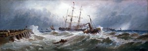 Boulogne (Fransa) limanında, zorlu denizlerde bir tekneyi çeken bir Fransız römorkörü. Tuval üzerine yağlıboya by Thomas Bush Hardy