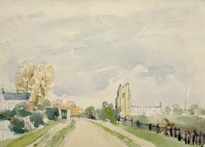 Suffolk Peyzaj, küçük bir Ev, bir Kilise ve Ağaçlar ile geniş bir Yol