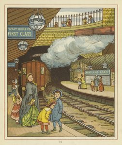 Portland Road tren istasyonunda bir platformda bir grup çocukla birlikte duran bir kadın by Thomas Crane
