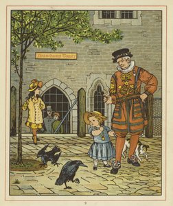 A young girl stands nervously beside a Yeoman of the Guard  by Thomas Crane