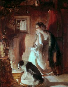 Kederli yürek, Ateşin başında genç bir kadın, bir kederden dolayı üzgün yüz. Thomas Duncan (1807-1845) tarafından yapılan boyama Victoria ve Albert müzesi, Londra