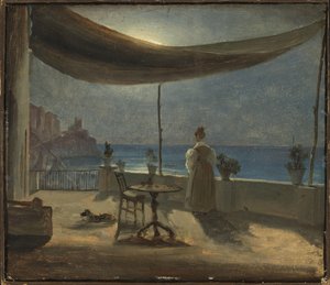 Amalfi'de Ay Işığında Bir Teras, 1834 dolayları (gemiye monte edilmiş kağıt üzerine yağlı boya) by Thomas Fearnley