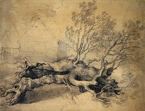 Ötesinde Çiftlik Binaları Olan Devrilmiş Bir Ağaç (kağıt üzerine kurşun kalem) by Thomas Gainsborough