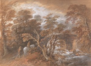 Bir Köprüye Yaklaşan Figürlerle Tepelik Manzara by Thomas Gainsborough