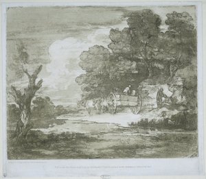 Bir rıhtım ve orman kenarı boyunca atlar tarafından çekilen bir araba ile manzara by Thomas Gainsborough