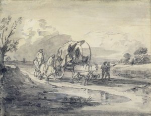 Çoban ve Kapalı Araba ile Açık Manzara, c.1780-85 (kağıt üzerine gri ve siyah yıkama ve tebeşir serilmiş) by Thomas Gainsborough