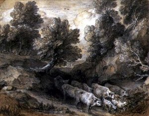 Sığır ve Keçili Ormanlık Manzara, c.1768-72 (kağıt üzerinde siyah beyaz tebeşir) by Thomas Gainsborough