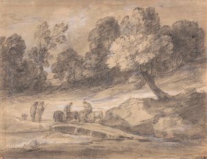 Köprüden Geçen At Sırtında Figürlerle Ormanlık Manzara by Thomas Gainsborough