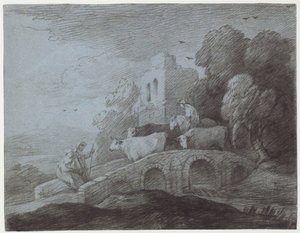 Wooded Landscape with Herdsman Driving Cattle (etching on paper) by Thomas Gainsborough