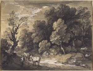 Çoban ve Sığır ile Ormanlık Peyzaj, c.1775-80 (siyah tebeşir ve gri-siyah yıkamalar, serilmiş kağıt üzerinde beyaz guaj ile yükseltilmiş) by Thomas Gainsborough