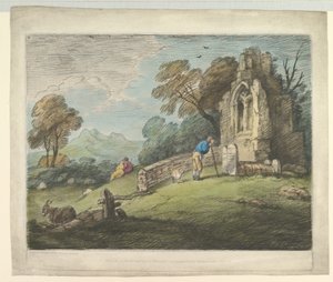 Köylü Okuma Mezar Taşı, Rustik Aşıklar ve Yıkılmış Kilise ile Ormanlık Manzara, 1 Ağustos 1797. by Thomas Gainsborough