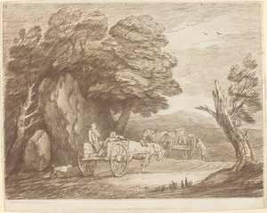 İki Ülke Arabası ve Figürlü Ormanlık Peyzaj by Thomas Gainsborough