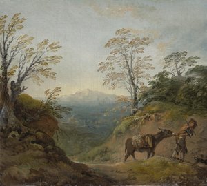 Eşek ve Köpeğe Önderlik Eden Bir Çocuğun Olduğu Ormanlık Manzara ve Binalar ve Uzak Tepeler ile Kapsamlı Bir Panorama, 1760