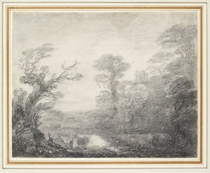 Çoban, inekler ve kilise kulesi ile ormanlık manzara by Thomas Gainsborough