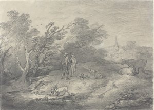 Tavşan Avcıları ve Tazıları Olan Bir Köyün Yakınındaki Orman by Thomas Gainsborough