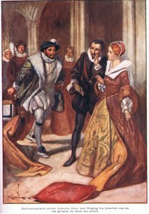 Northumberland onlara doğru yürüdü ve mücevherli şapkasını yere fırlatarak kılıcını çekti (renkli taş baskı) by Thomas Heath Robinson