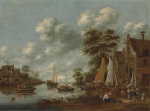 Feribotlar ve diğer gemilerle nehir manzarası, bir hanın yanında karaya çıkan figürler by Thomas Heeremans