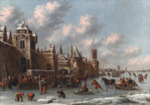 Müstahkem bir kasabanın yanındaki donmuş bir hendekte paten ve kızak kayan figürlerle kış manzarası by Thomas Heeremans