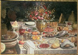 Yemek, İçecek ve Vazoda Çiçeklerle Sofra Dolu Natürmort