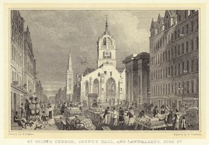 St Giles Kilisesi, County Hall ve Lawnmarket, High Street (gravür) by Thomas Hosmer (after) Shepherd