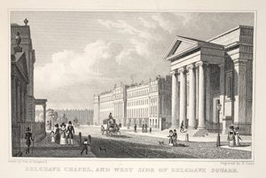 Belgrave Şapeli ve Belgrave Meydanı'nın Batı Yakası, 'Londra ve Ondokuzuncu Yüzyılda Çevresi' pubından. Jones und Co., 1827-1829 by Thomas Hosmer Shepherd