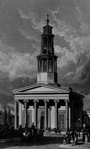 Aziz Pancras Kilisesi, Batı Cephesi, James Tingle 1827 tarafından oyulmuş by Thomas Hosmer Shepherd