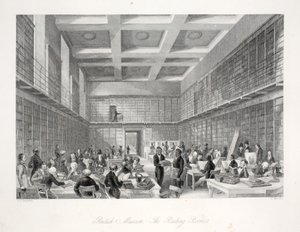 British Museum'daki Okuma Odası ve Kütüphane, 'London Interiors with its Costumes and Seremonies' pub'ından. Joseph Mead, Londra, c.1843 (çelik oyma) by Thomas Hosmer Shepherd