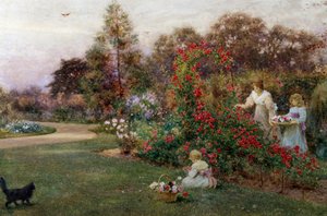 Sanatçının Bahçesinde, Yapton, Sussex. Bir anne ve iki çocuğu bahçede gül topluyor. Thomas James Lloyd (1849-1910 İngiliz) tarafından yapılmış resim Özel koleksiyon