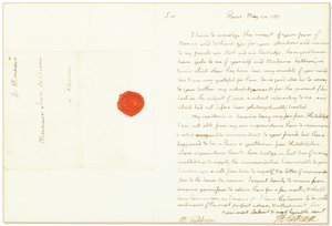 Amerika Birleşik Devletleri Fransa Büyükelçisi olarak imzalanan imzalı mektup, Giovanni Fabbroni, Paris, 24 Mayıs 1789